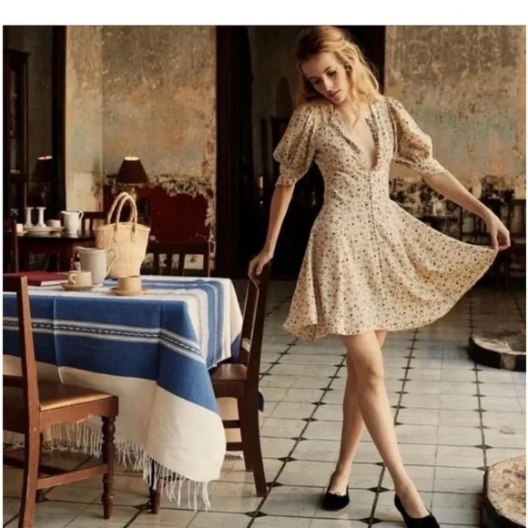 EUC DOEN CERESE MINI DRESS IN GREEN VALLEY FLORAL 100% silk sz L - Picture 4 of 6